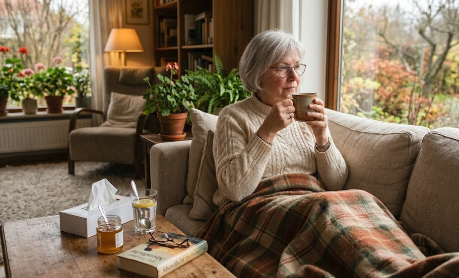 Entspannte Seniorin sitzt mit einer Tasse Tee auf dem Sofa — sorgloser Alltag dank kostenloser Pflegehilfsmittel.