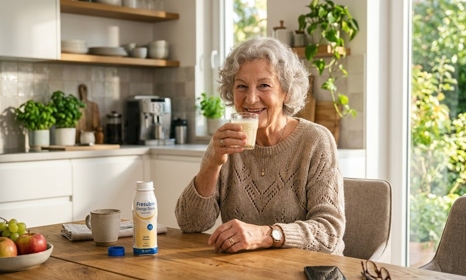 Zufriedene Seniorin steht in heller Küche mit Pflegebox in der Hand — entspannter Alltag.