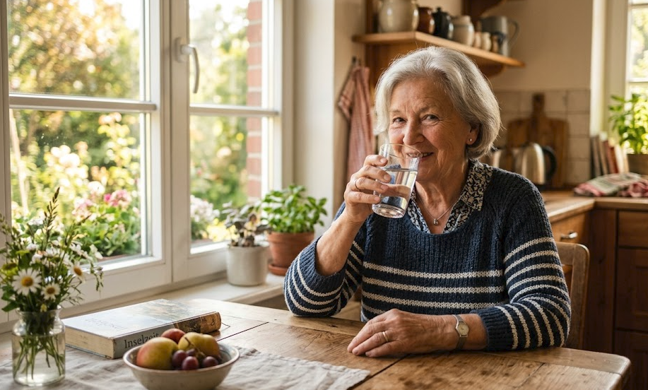 Aktive Seniorin sitzt mit einem Glas Wasser an einem hell gedeckten Tisch mit Obst und Blumen — selbstständig im Alltag.