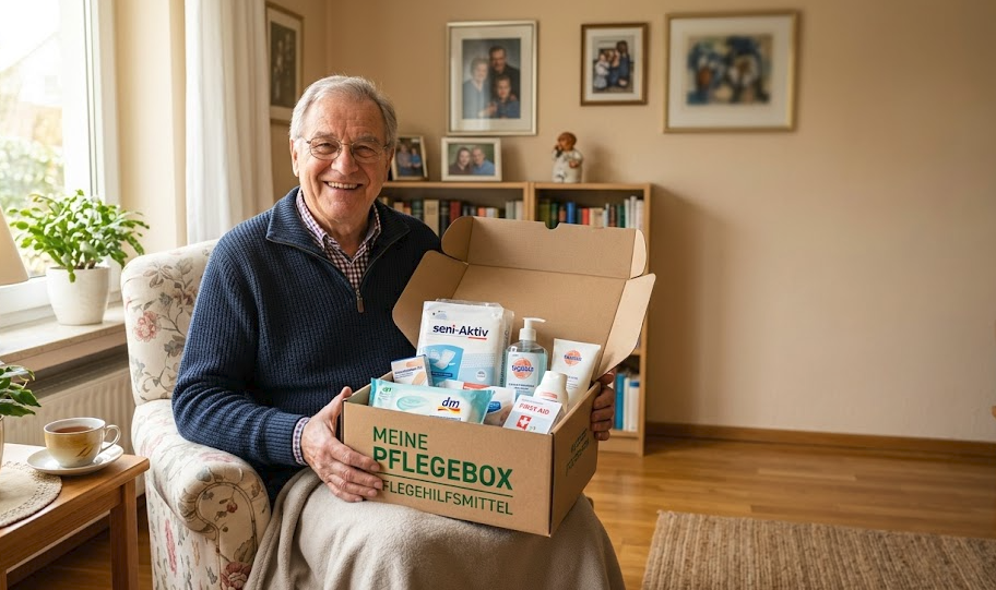 Älterer Herr hält freundlich lächelnd eine Pflegebox mit Pflegehilfsmitteln in der Hand.