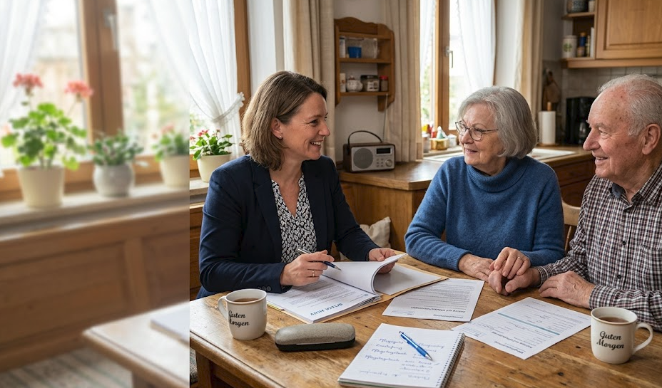 Drei Personen besprechen am Esstisch Pflegekassen-Unterlagen und einen Pflegegrad-Antrag.