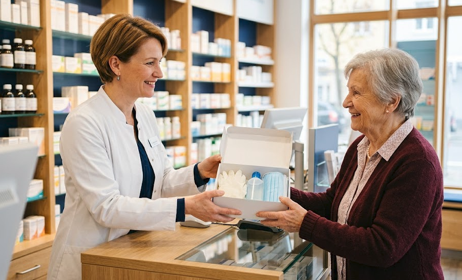 Eine Pharmazeutin reicht über den Apothekentresen eine Box mit Pflegehilfsmitteln an eine Kundin.
