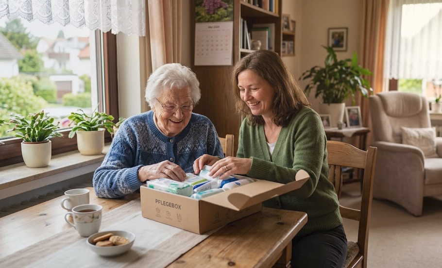 Zwei Frauen vergleichen am Tisch den Inhalt zweier Pflegeboxen unterschiedlicher Anbieter.