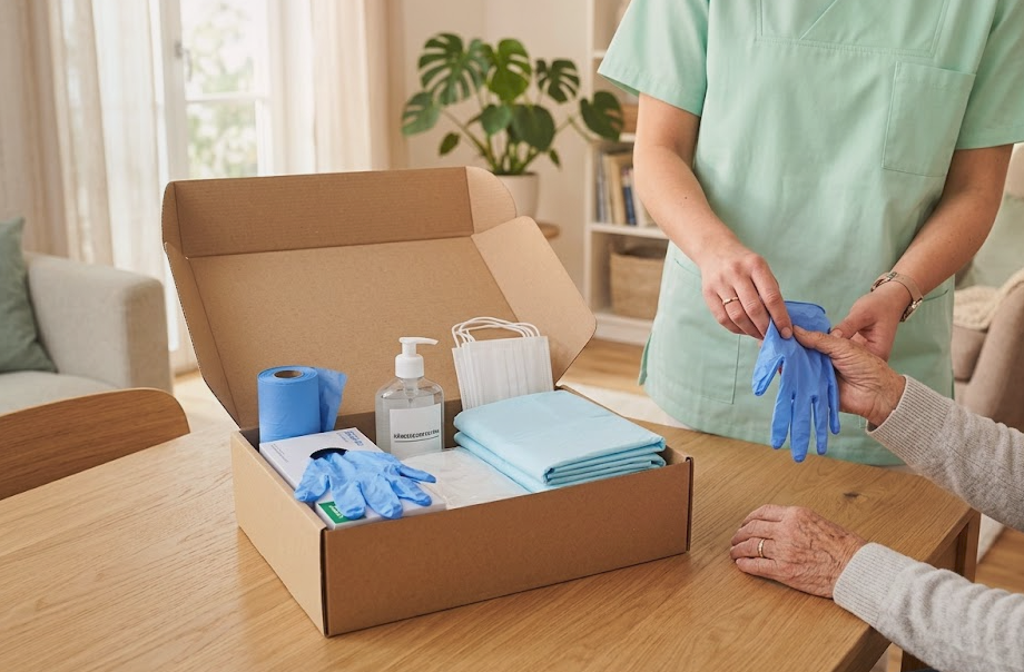 Pflegende Person prüft Pflegehilfsmittel und notiert benötigte Produkte für die nächste Pflegebox.