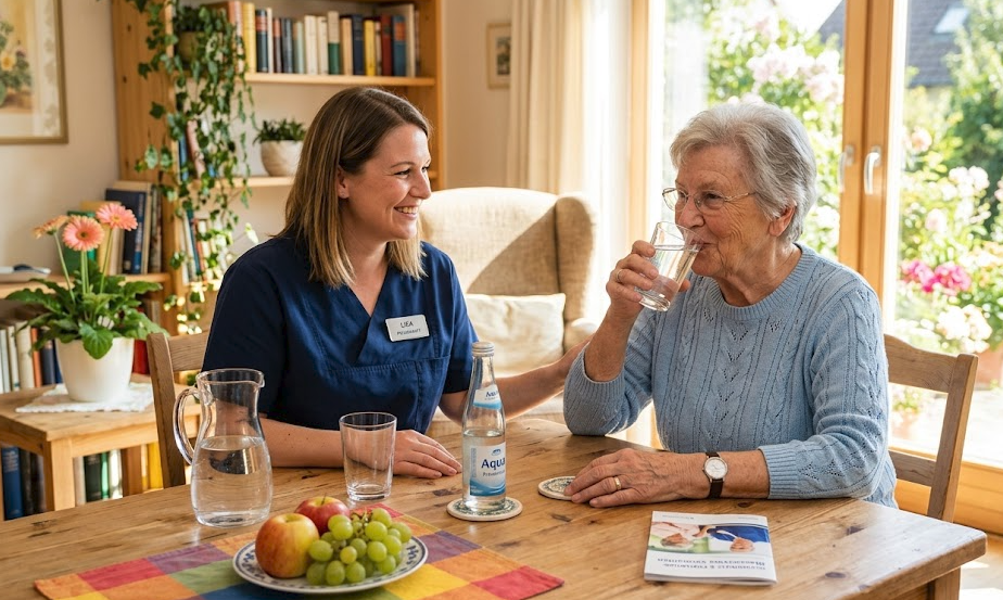Eine Pflegekraft reicht einer schwer pflegebedürftigen Seniorin im Sessel ein Glas Wasser.