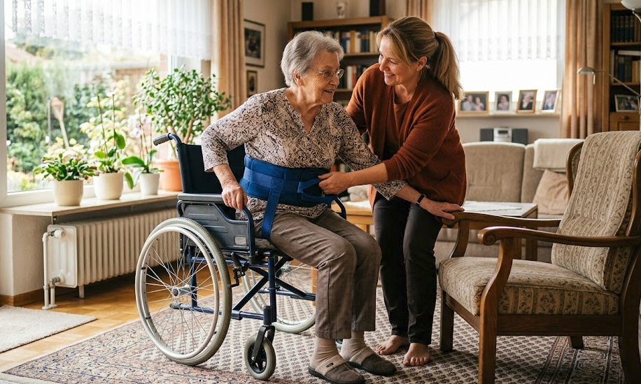 Eine Pflegekraft begleitet eine ältere Dame im Rollstuhl — alltägliche häusliche Pflege.