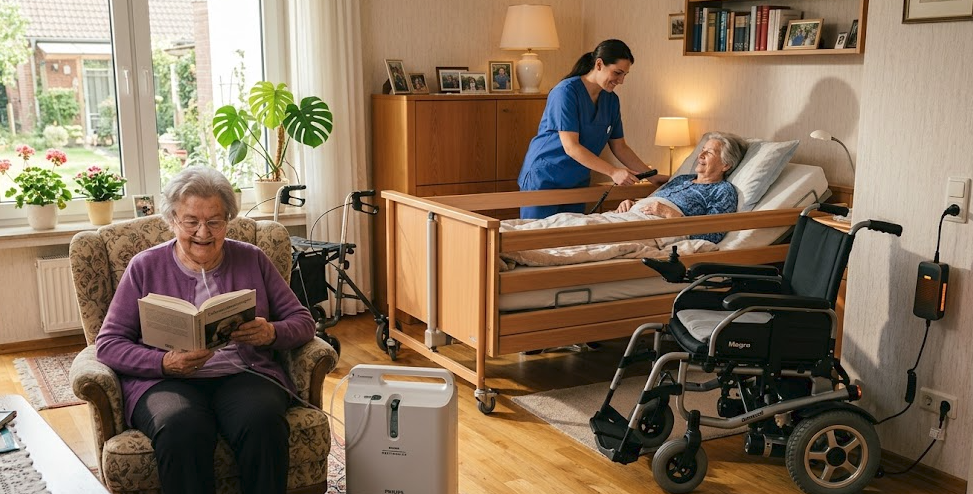 Pflegerin unterstützt Seniorin im Wohnzimmer beim Lesen von Pflegekassen-Unterlagen.