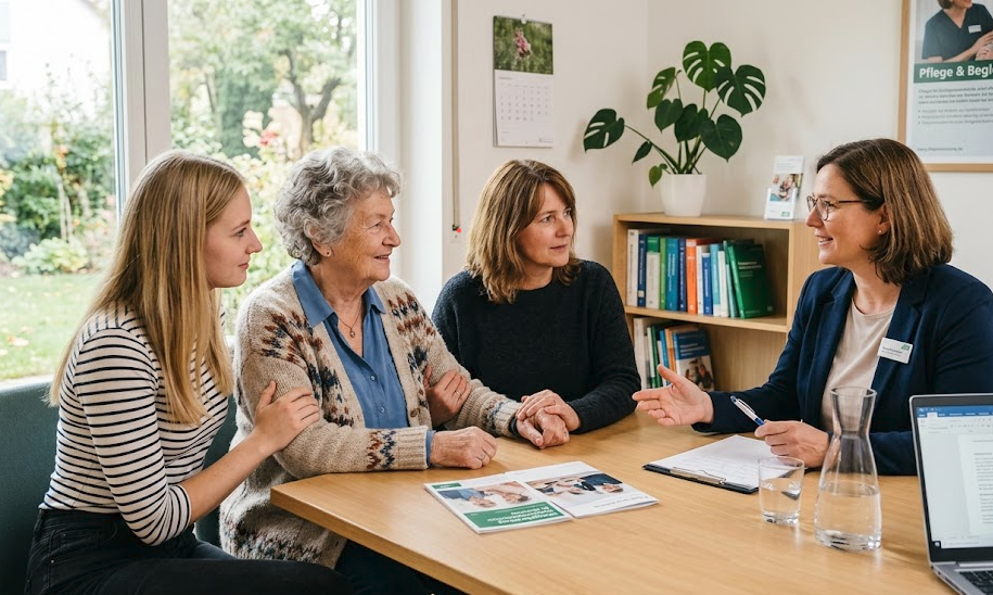Mehrere Frauen unterschiedlicher Generationen sitzen am Tisch und sprechen über Pflegekassen-Leistungen.