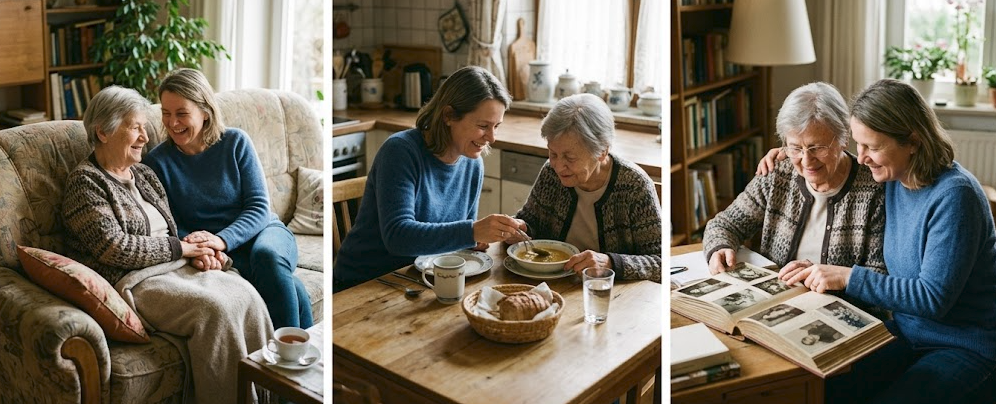 Mehrere Generationen einer Familie sitzen am Wohnzimmertisch und planen gemeinsam die Pflegebox-Bestellung.