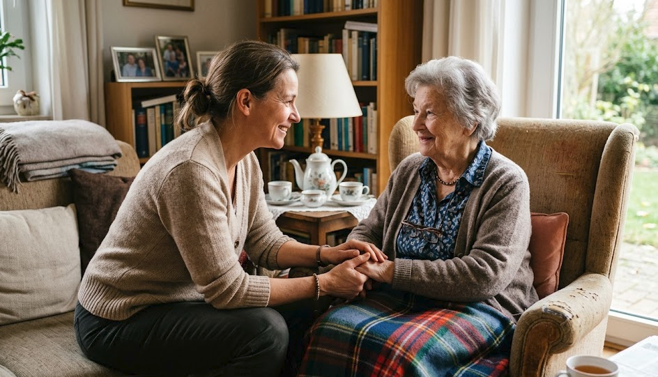 Eine erwachsene Tochter und ihre pflegebedürftige Mutter sitzen einander gegenüber im Wohnzimmer und halten Hände.